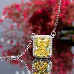 18K White Gold 5CT Yellow Citrine Cushion Halo Diamond Pendant Necklace